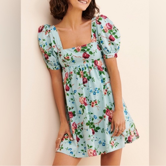 Laura Ashley & Urban Outfitters Cotton Penelope Babydoll Puff Sleeves Mini Dress - Picture 1 of 7